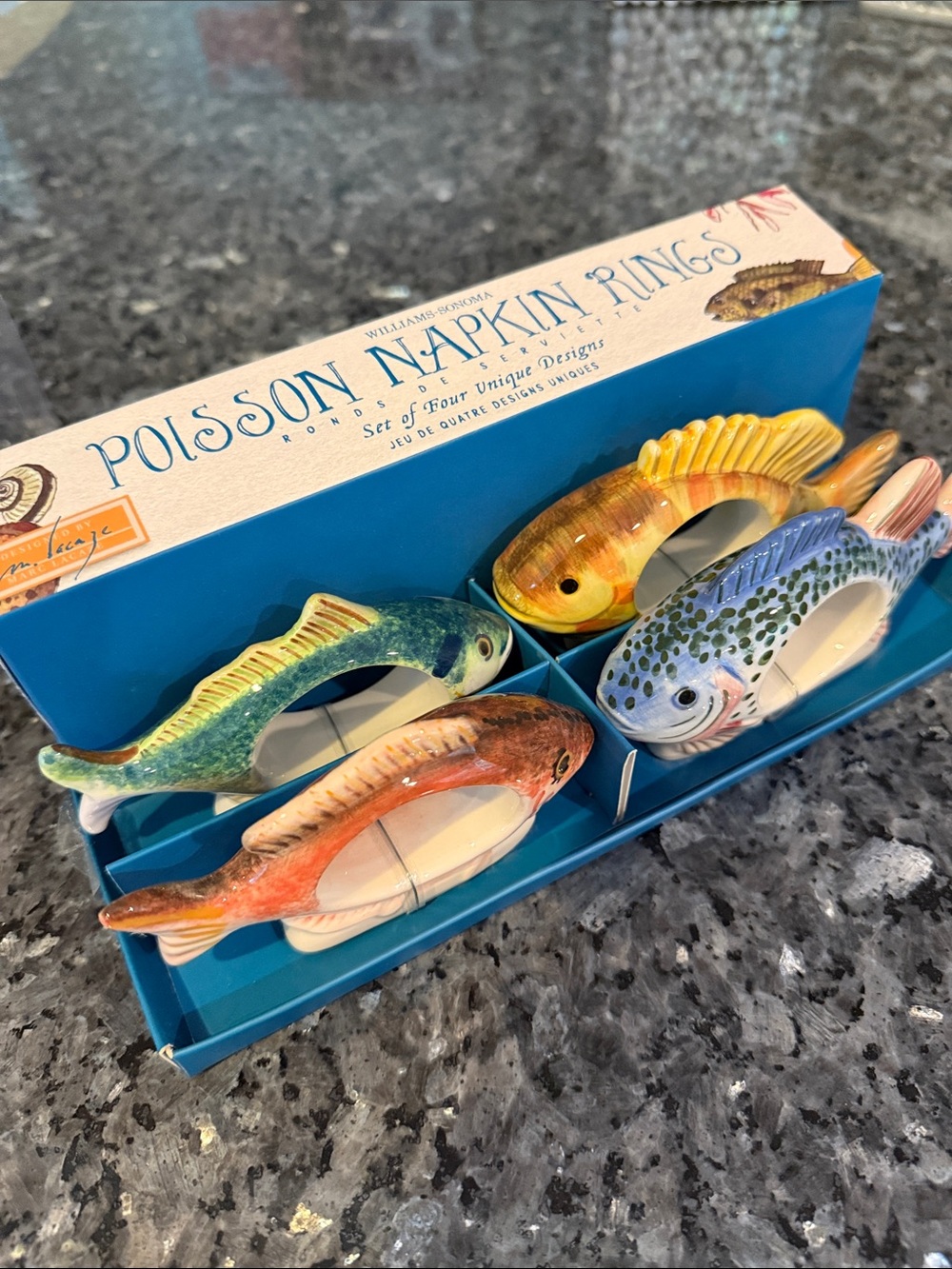 Set of 4 Williams Sonoma “Poisson” Fish Ceramic Napkin Rings in Box